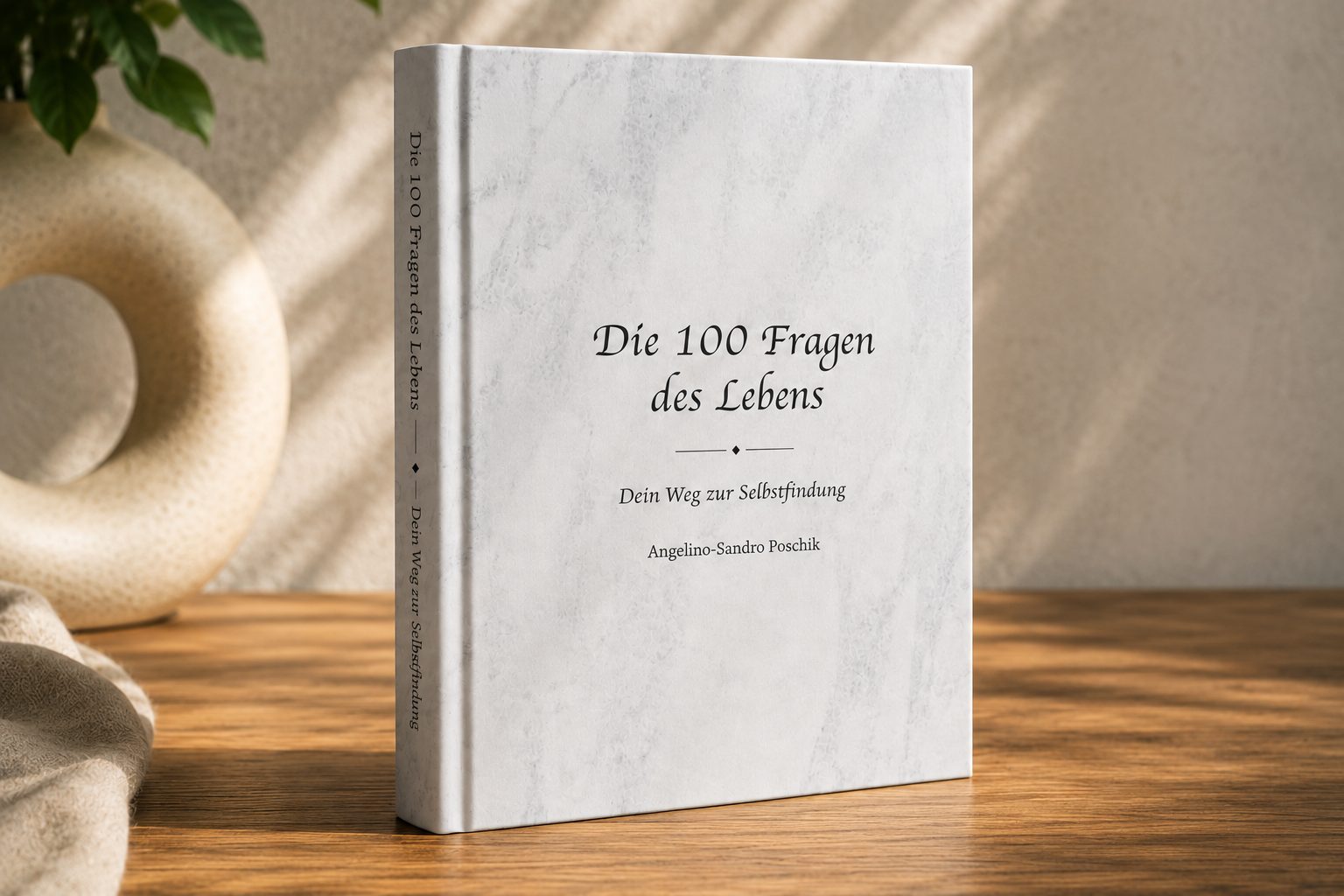 Das Buch Die 100 Fragen des Lebens, aufgestellt auf einem Holztisch